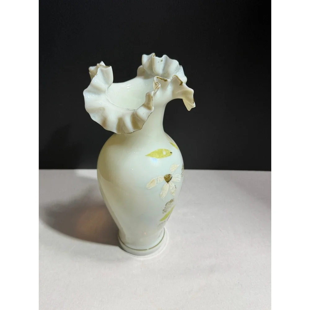 Vintage Bristol Opaque Glass Ruffled Vase Hand Painted Floral Gold Trim